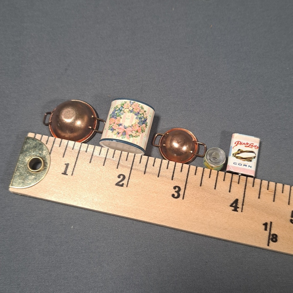 VTG Dollhouse Kitchen Miniatures Lot Copper Pots Food Cans Muffin Tin Diorama - Picture 3 of 4